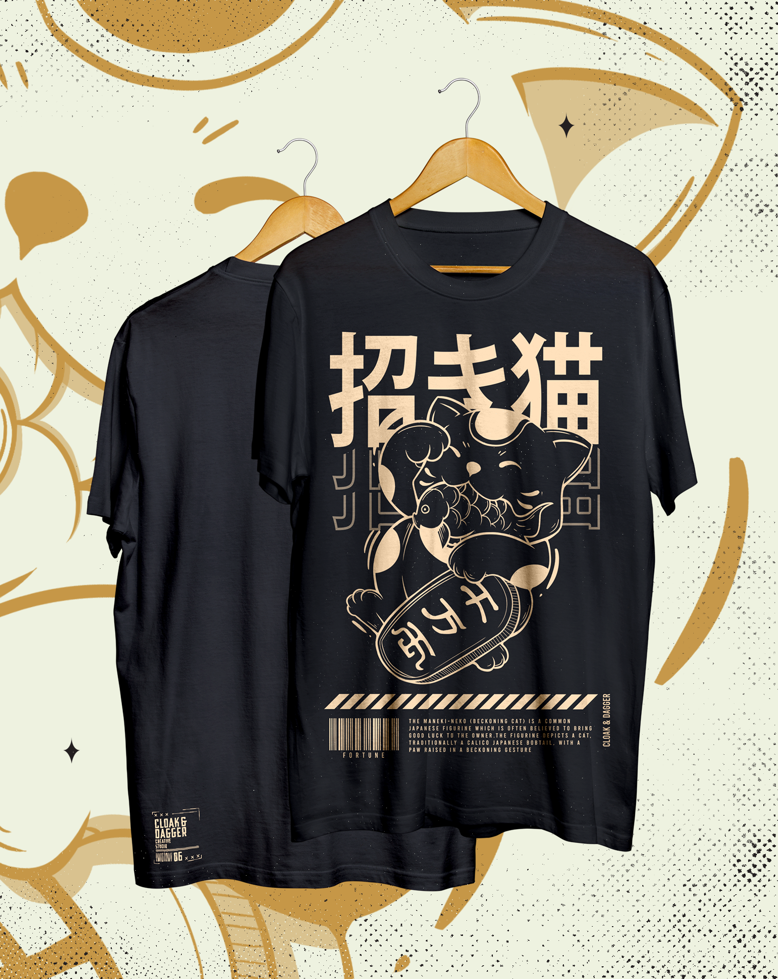 MANEKI NEKO Graphic T shirt 100 Cotton Black Cloak Dagger